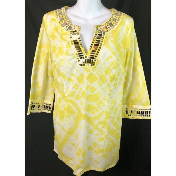 INC Tunic top 6 Yellow Tie-Dye Plunge V-Neck Beaded Boho hippie festival - Picture 5 of 6